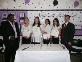 Lin, Jocelyn, Gianna and Ana with Mr. Allen (L) and Principal Mr. Gleason